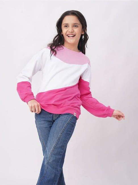 edheads kids pink & white cotton color block full sleeves sweatshirt