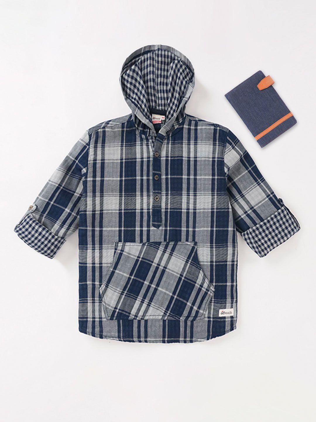 edheads boys blue tartan checked cotton hooded casual shirt