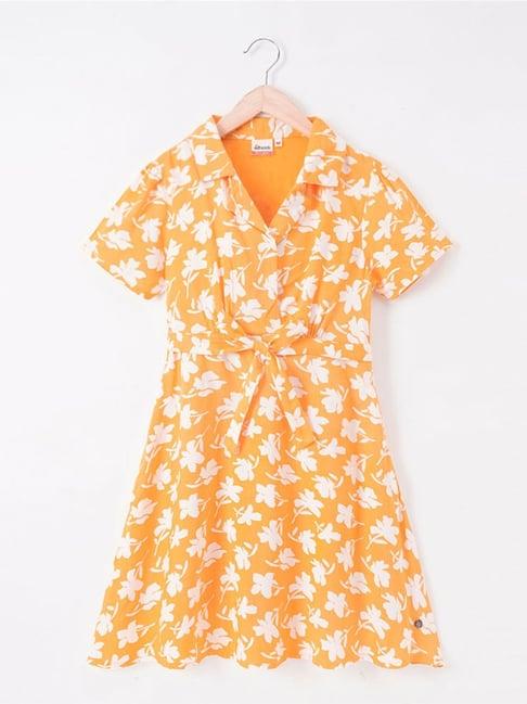 edheads kids orange & white cotton floral print dress