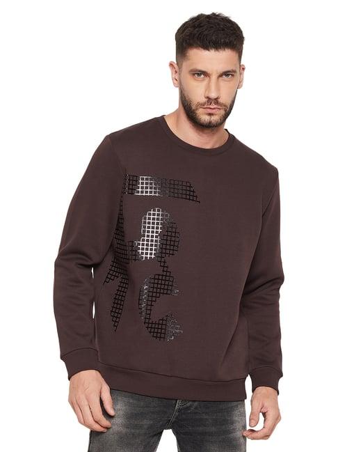 edrio coffee brown regular fit printed sweatshirt