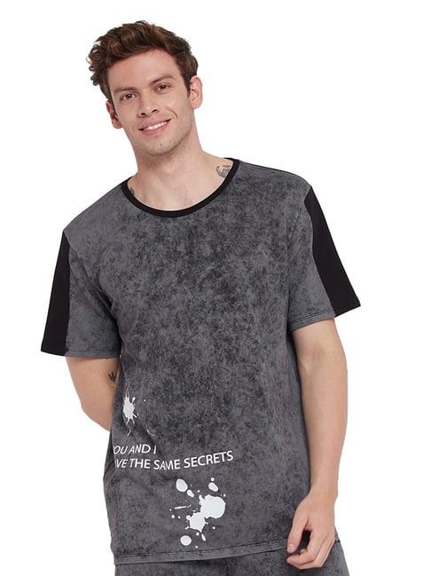 edrio dark grey & black cotton relaxed fit printed t-shirt