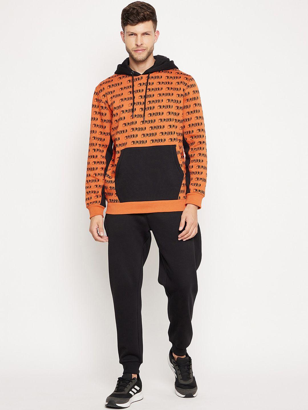edrio men black & orange color printed fleece tracksuits with hooded