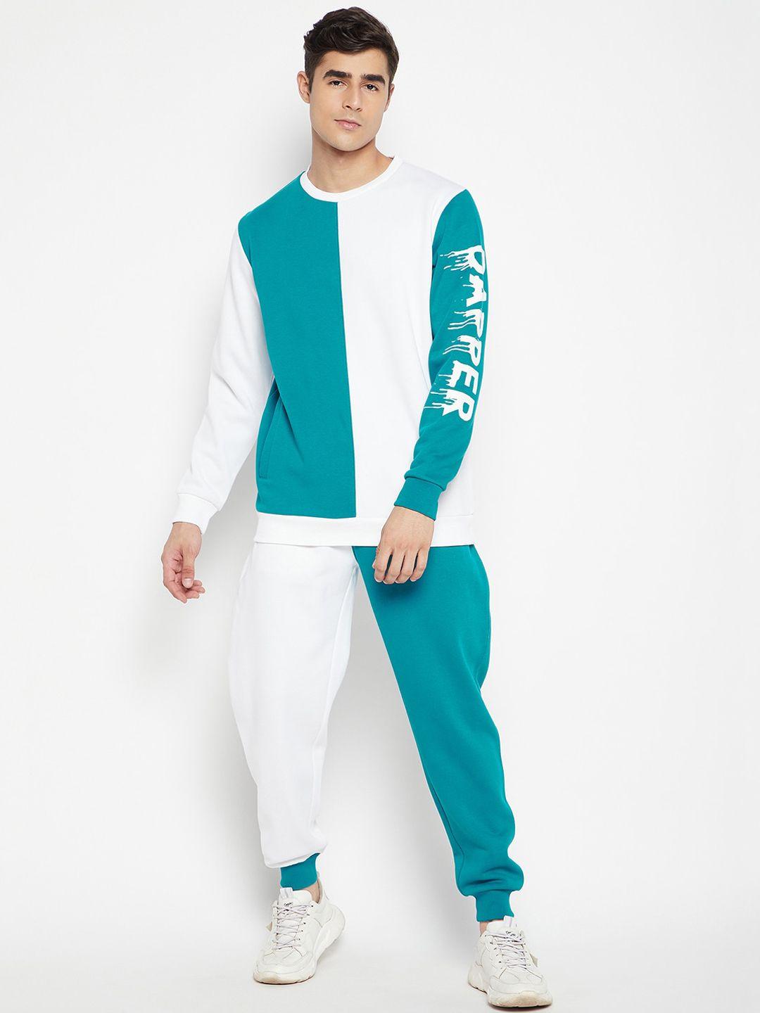 edrio men green & white colourblocked fleece tracksuits