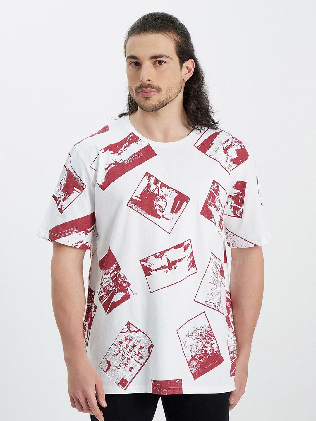 edrio men maroon printed pure cotton applique loose t-shirt
