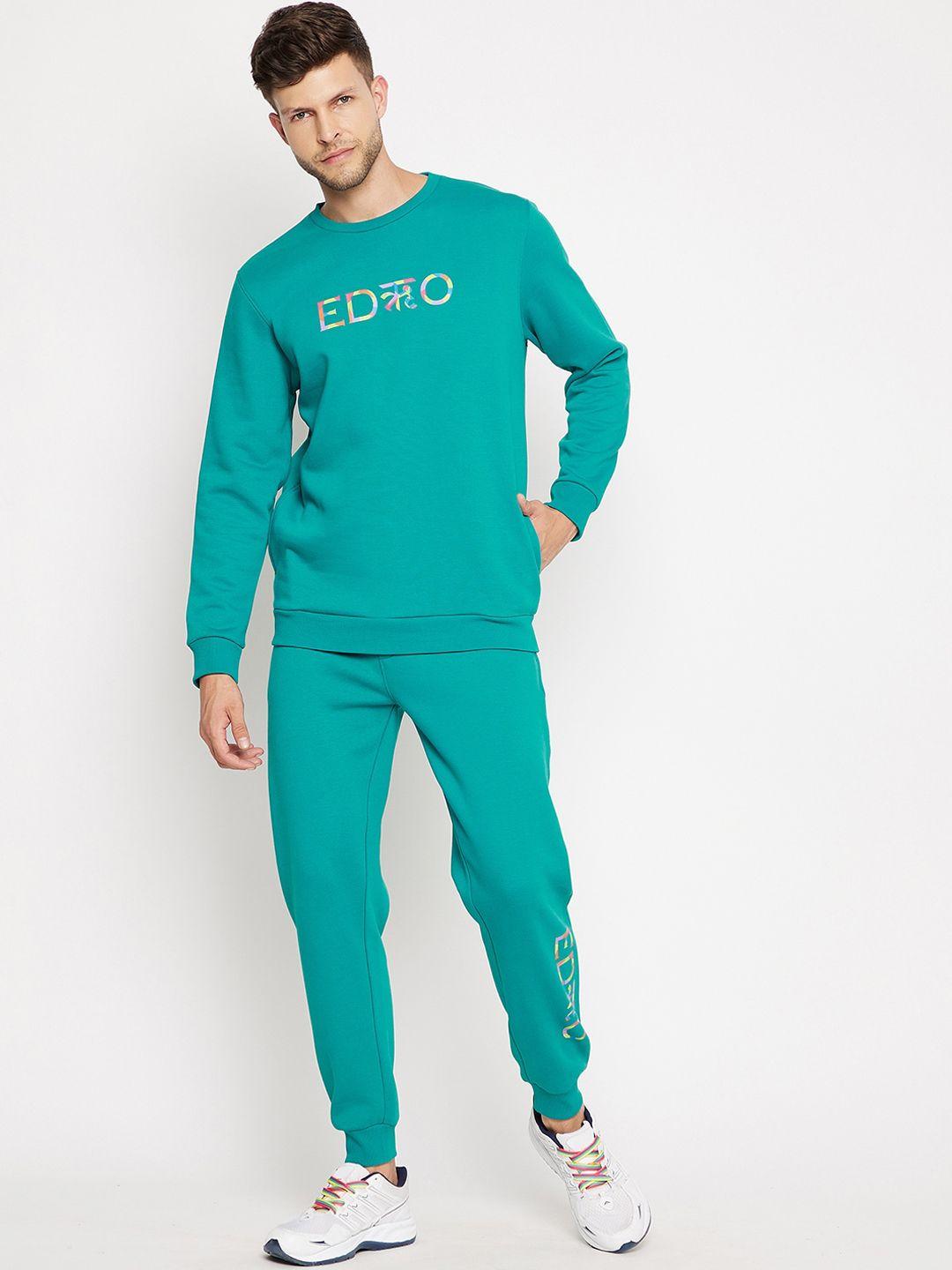 edrio men sea green printed fleece tracksuits