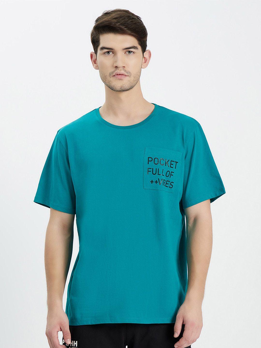 edrio men teal pure cotton loose t-shirt