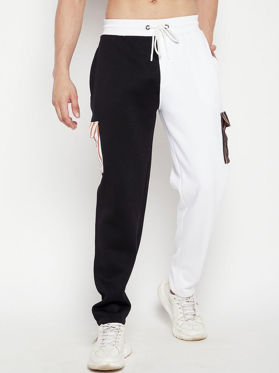 edrio men white & black colourblocked fleece track pant