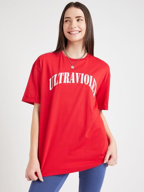 edrio red & white cotton graphic print oversized t-shirt