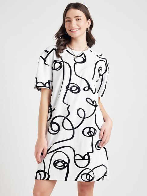 edrio white & black cotton printed t shirt dress