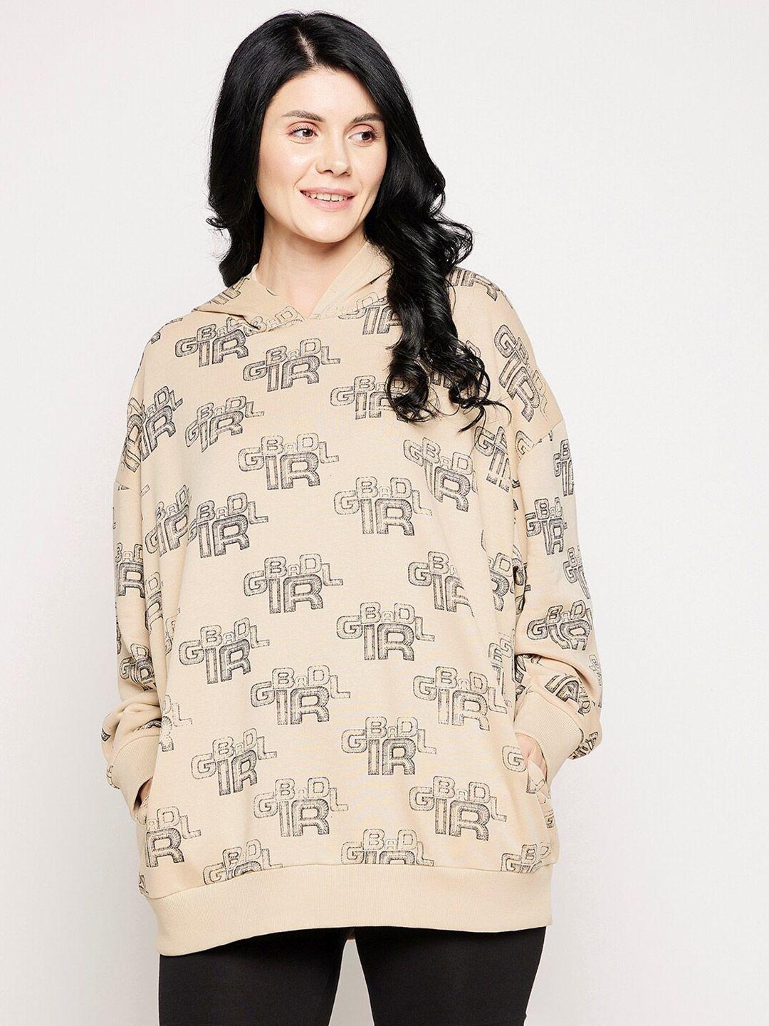 edrio women beige printed hooded cotton sweatshirt