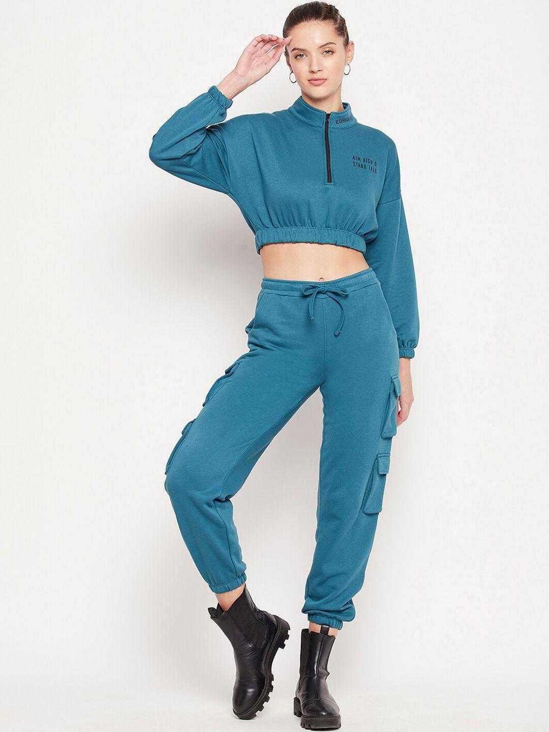 edrio women blue solid crop top with joggers