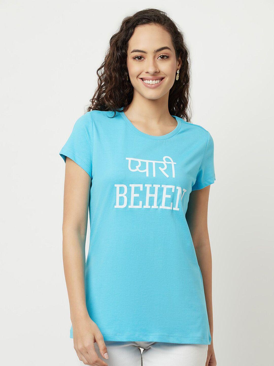 edrio women blue typography printed pure cotton t-shirt