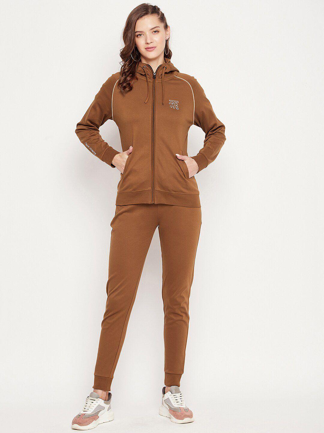 edrio women coffee brown solid cotton tracksuits