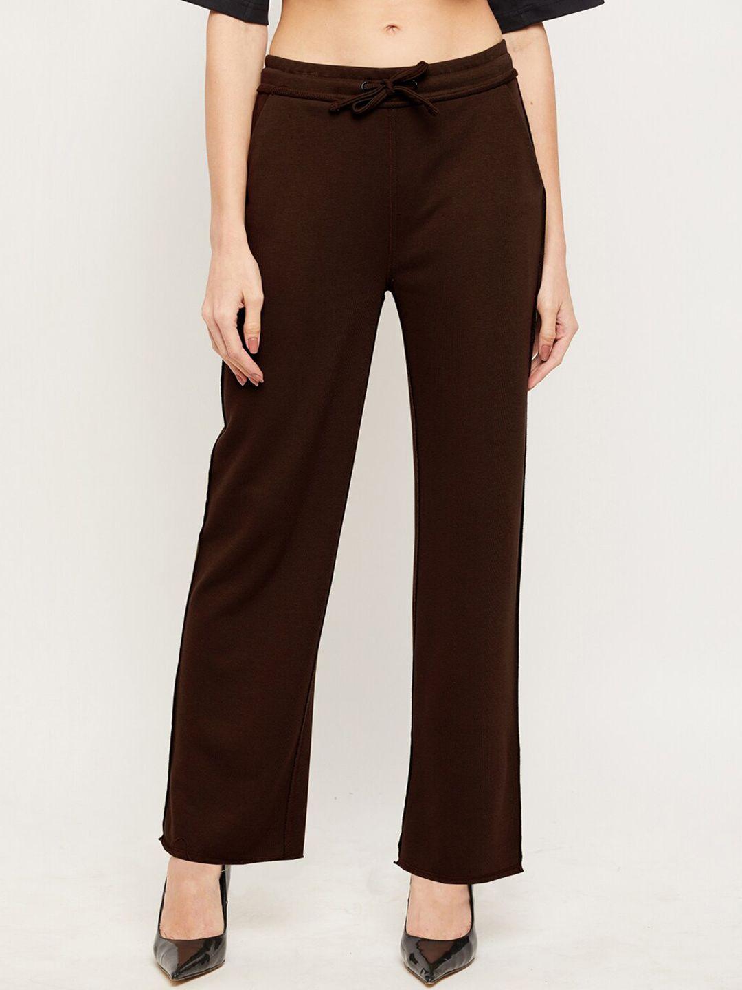 edrio women coffee brown solid straight-fit cotton track pants