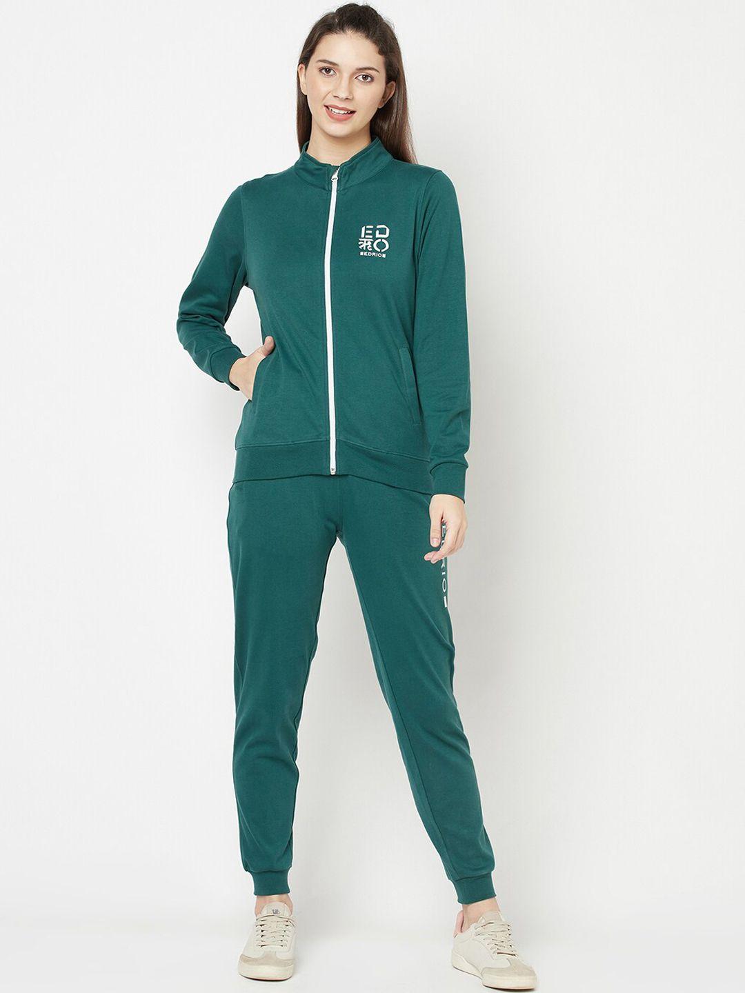 edrio women green solid cotton tracksuits