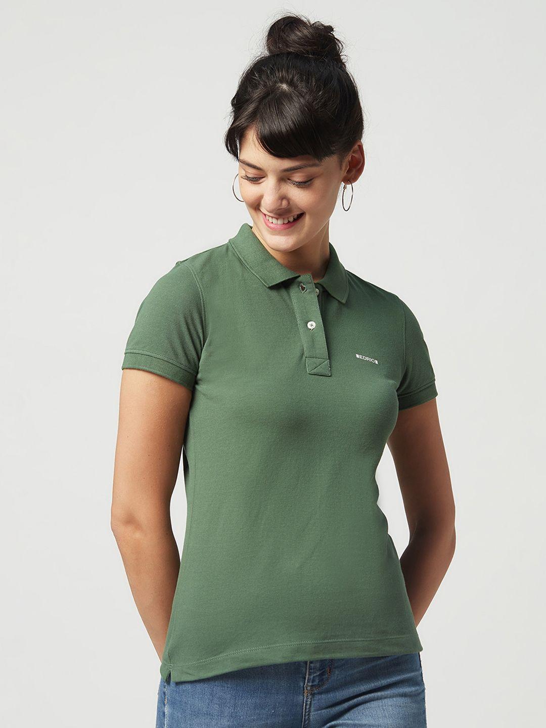 edrio women green solid polo collar t-shirt