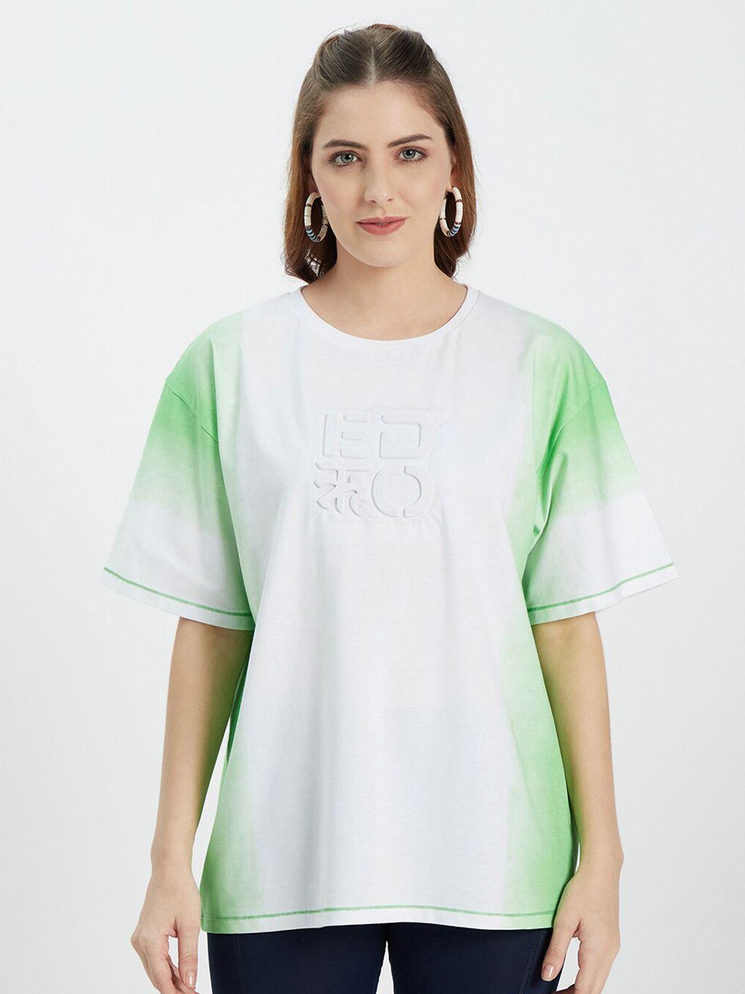 edrio women green typography printed applique loose t-shirt