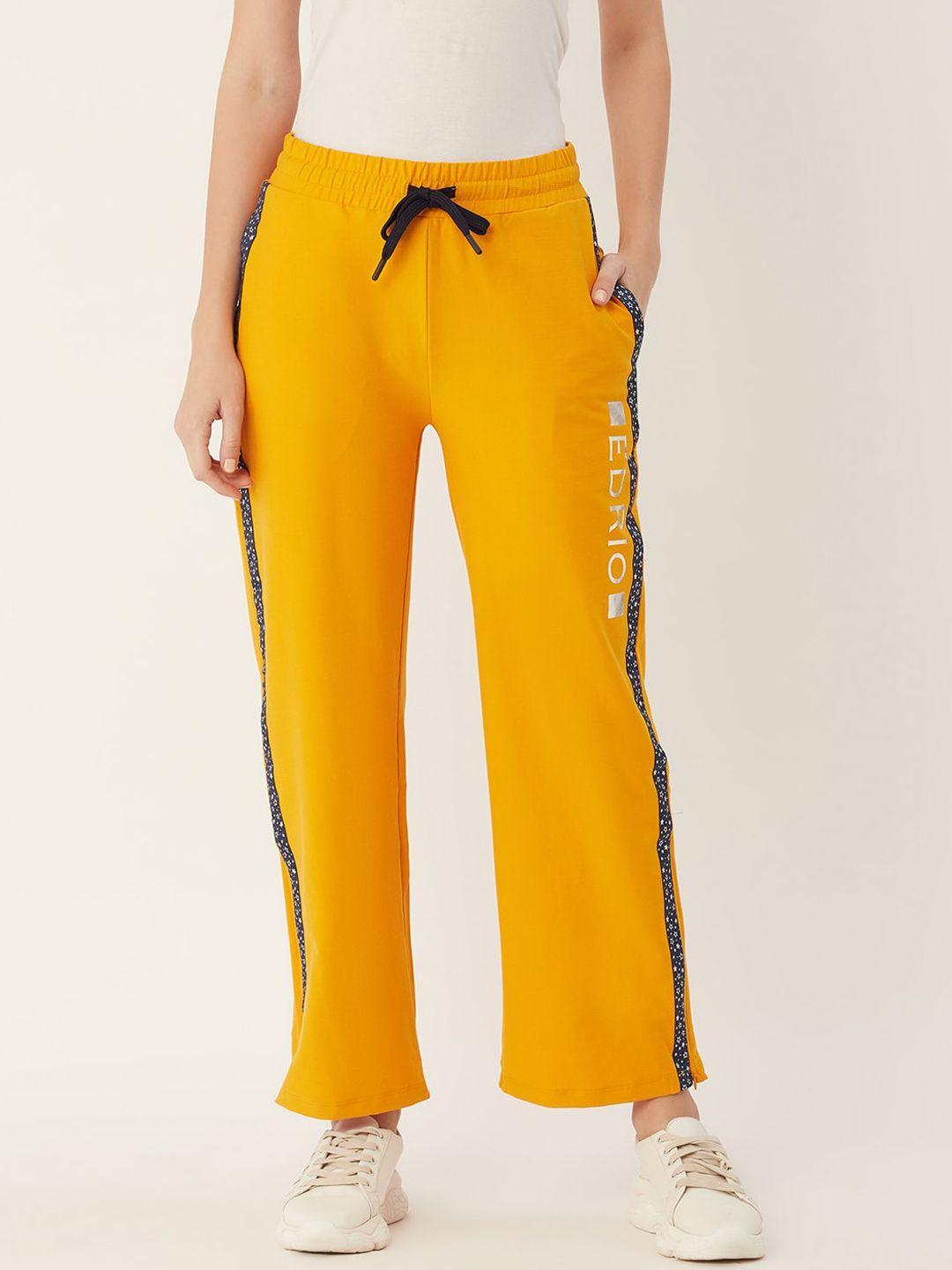 edrio women mustard solid pure cotton relaxed fit track pants