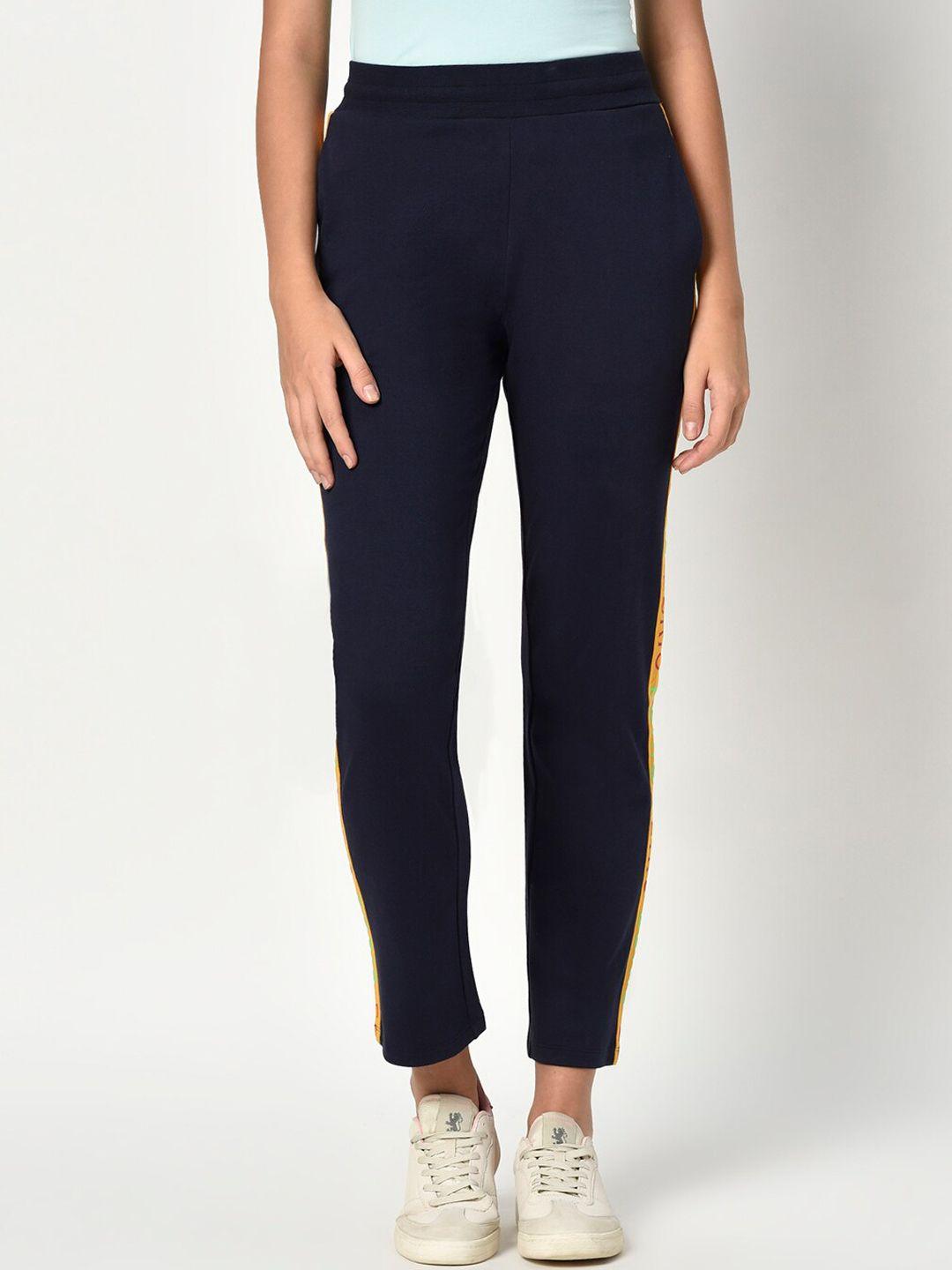 edrio women navy blue solid cotton track pants