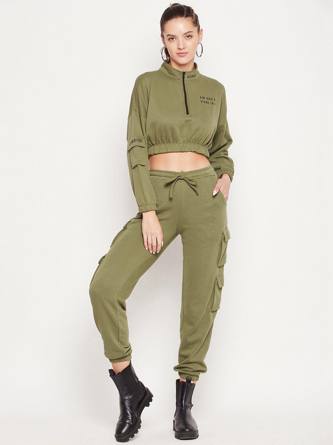 edrio women olive solid crop top with joggers