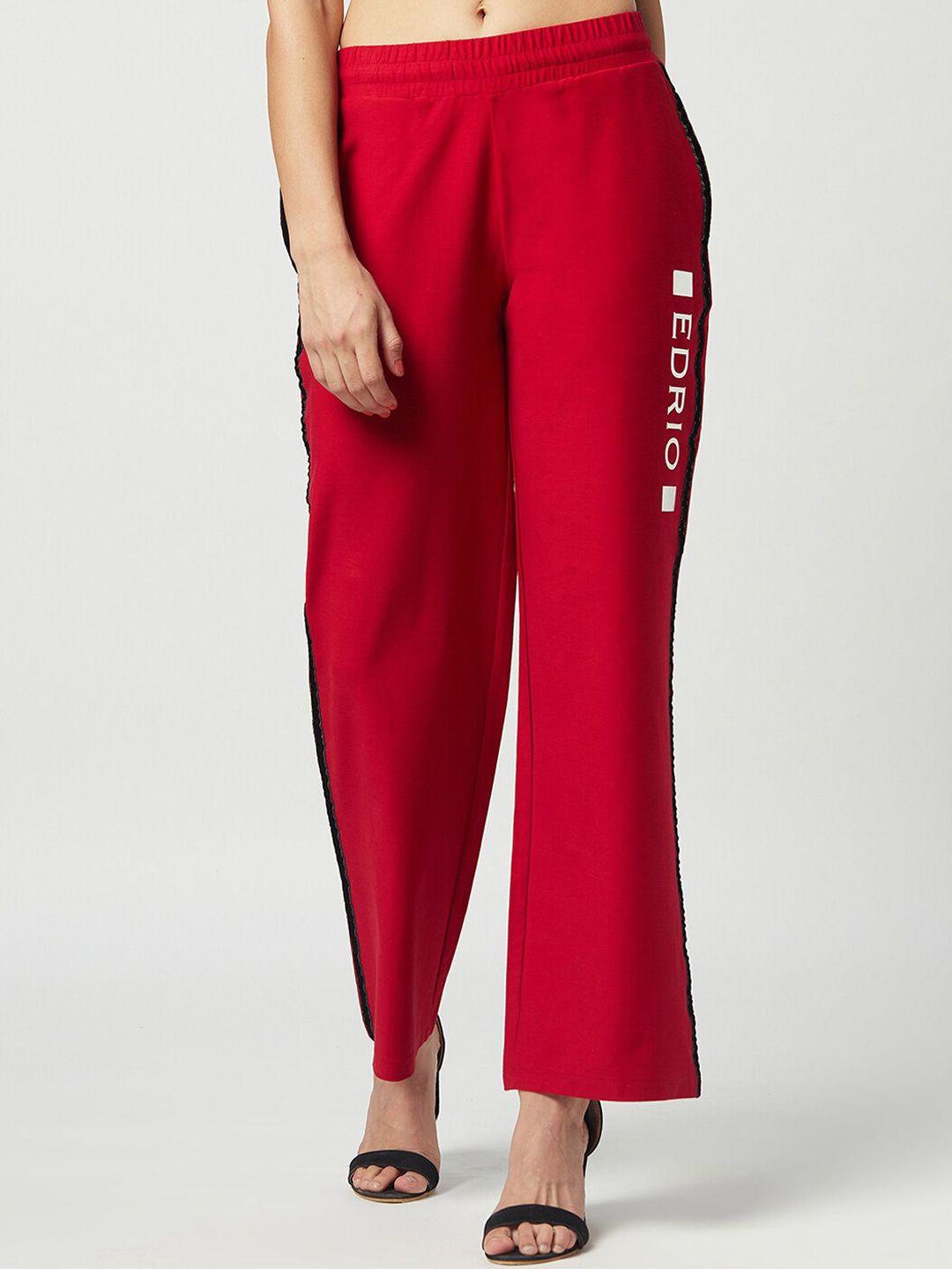 edrio women red solid relaxed-fit cotton track pants