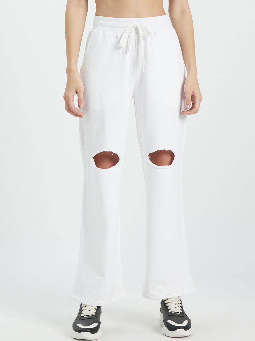 edrio women white solid ripped cotton track pants