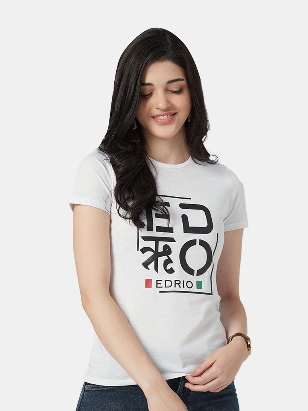 edrio women white typography printed pure cotton t-shirt