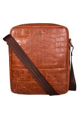 eefa animal print pure leather zipper closure men's sling bag - tan