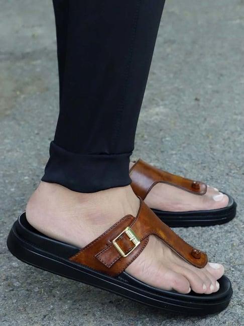 eego italy men's tan t-strap sandals