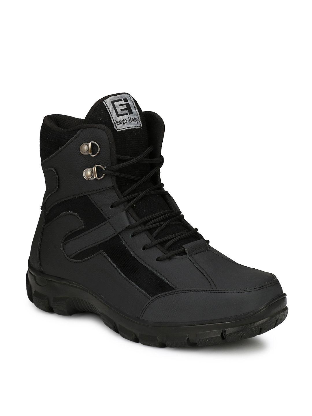 eego italy men black leather high-top trekking shoes