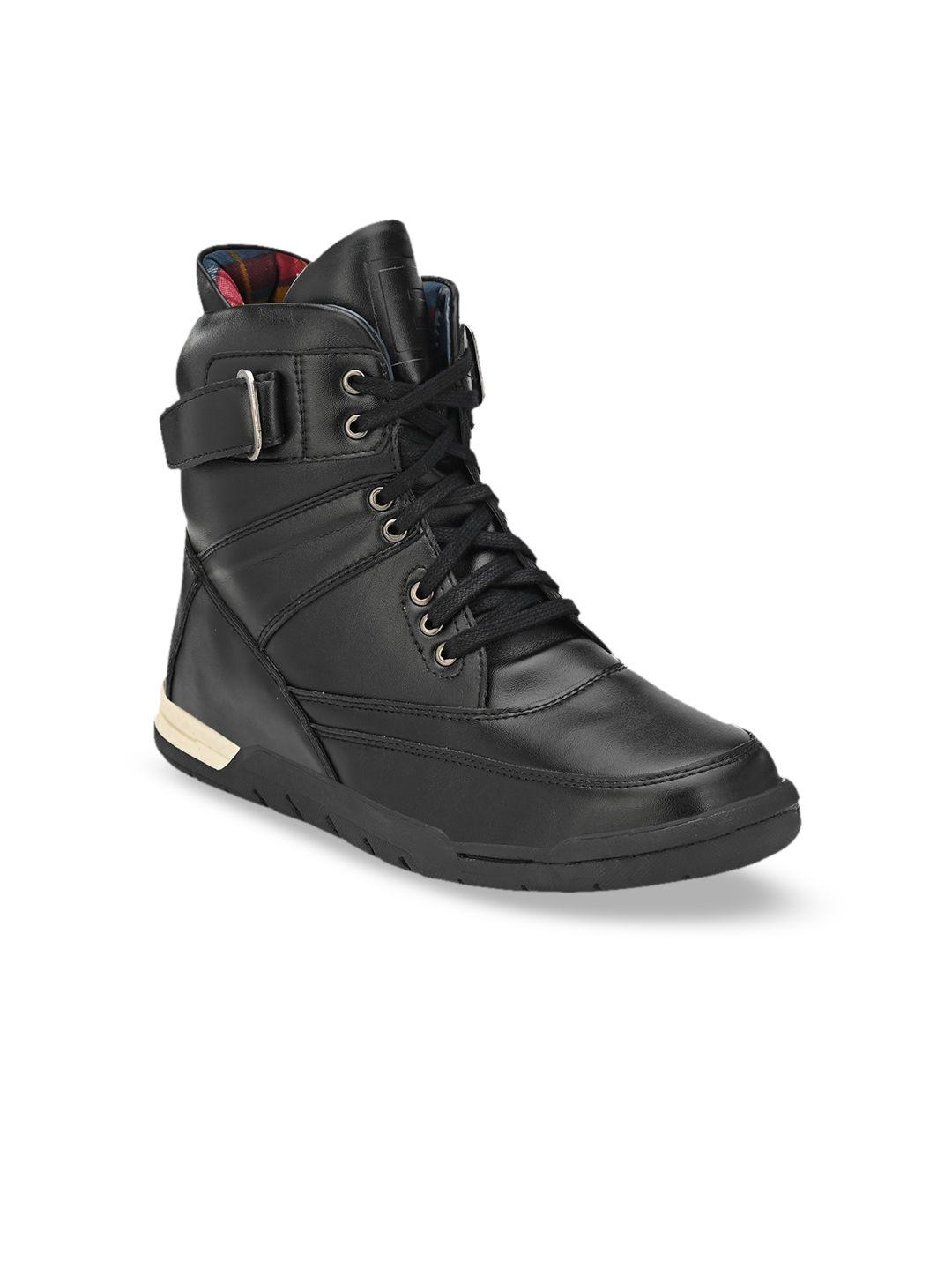 eego italy men black solid synthetic mid-top flat boots