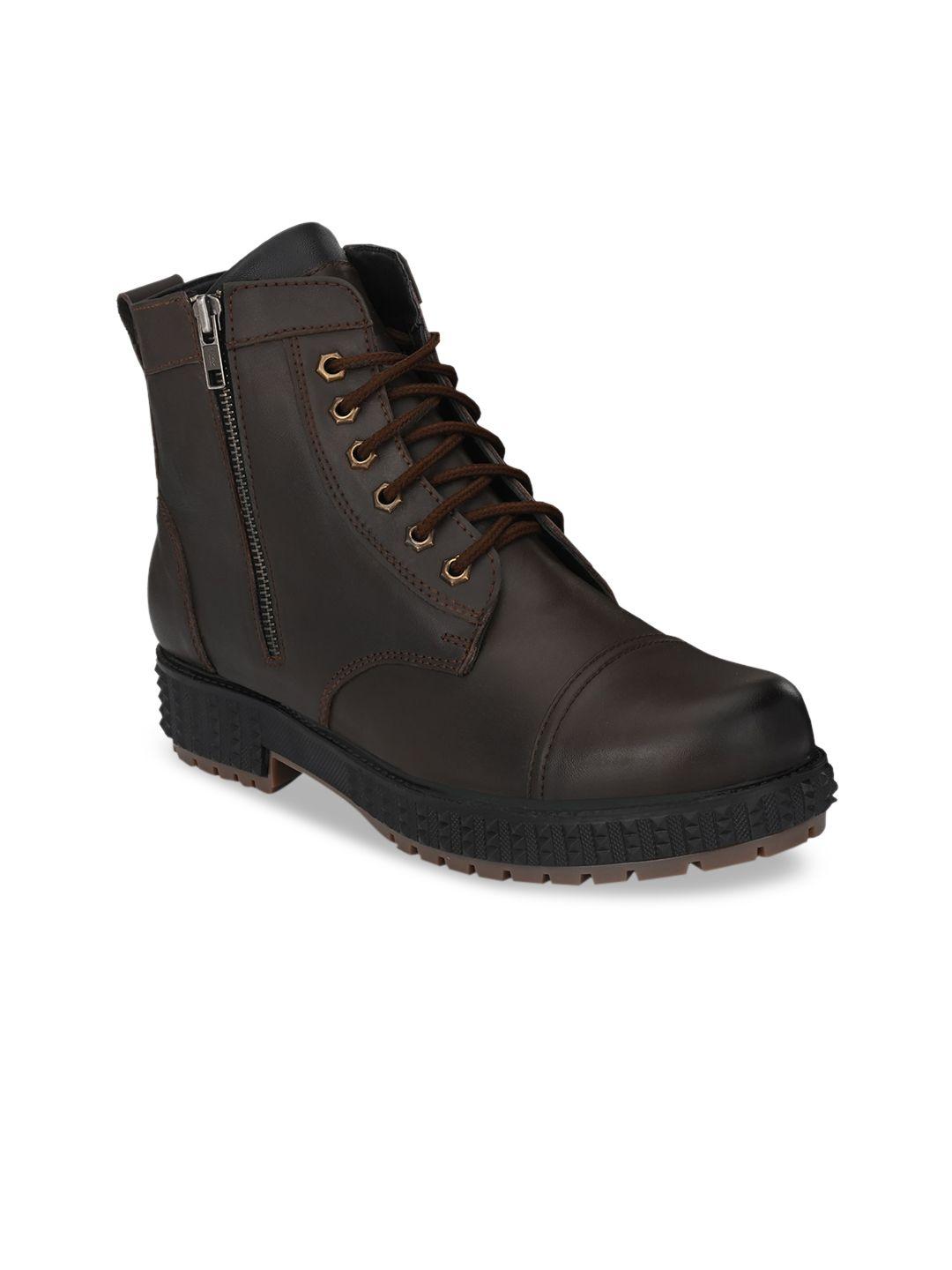 eego italy men brown solid mid-top leather flat boots