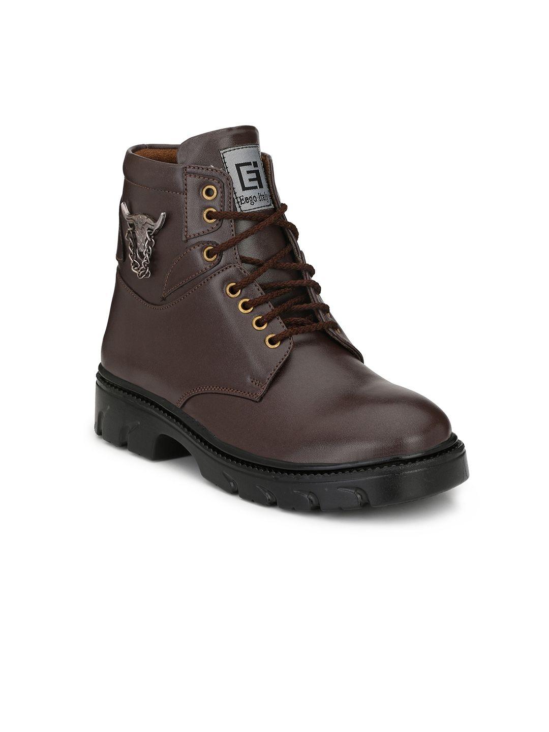 eego italy men brown solid synthetic mid-top flat boots