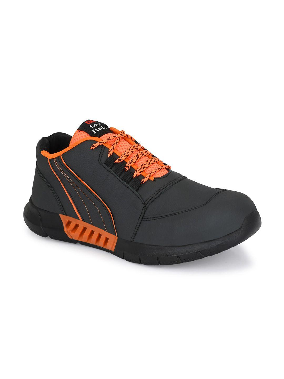 eego italy men orange & black leather trekking non-marking shoes