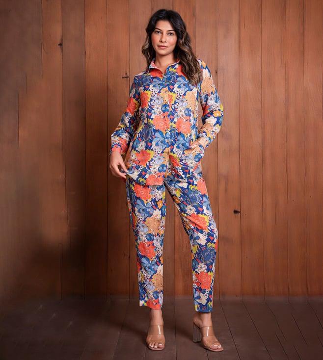 eeshva india blue floral illusion shirt with pant