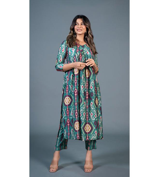 eeshva india green ikkat printed pleated kurta pant set