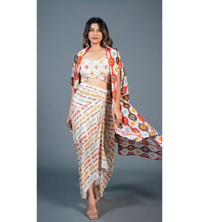 eeshva india off white ikkat printed drape skirt set