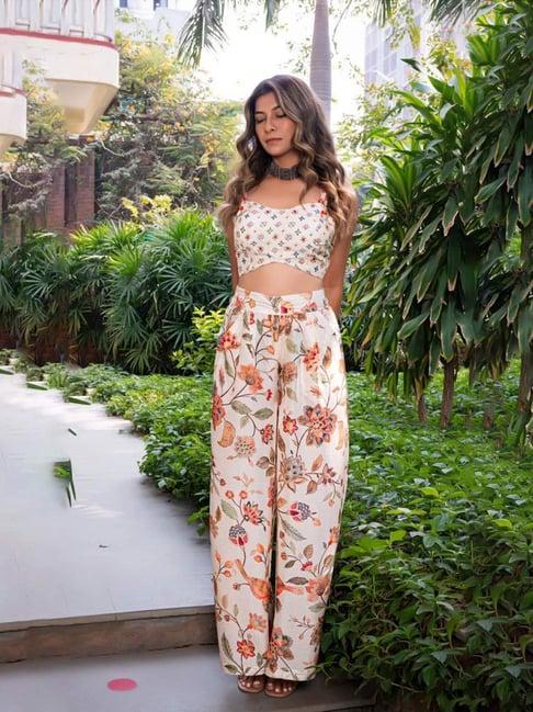 eeshva india off white rangaa re birds of paradise pleated pants in silk with small butti crop top