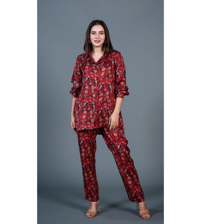 eeshva india red maroon parrot printeded co-ord set