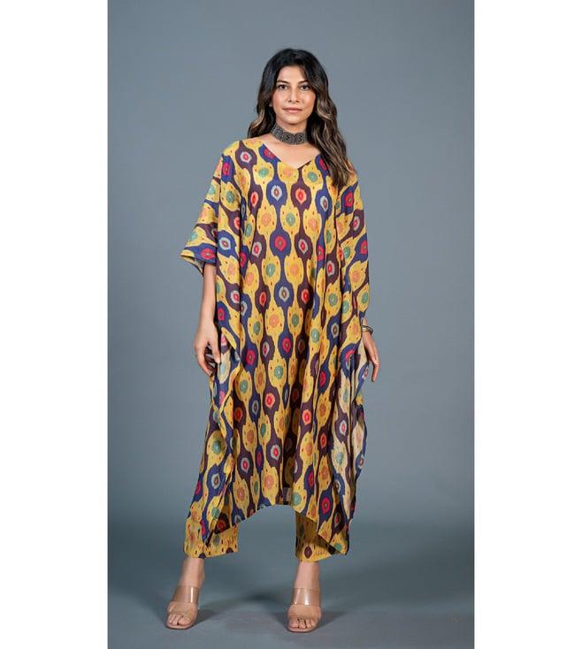 eeshva india yellow ikkat printed kaftan kurta