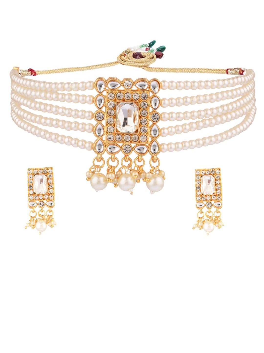 efulgenz  gold-plated white kundan studded pearl beaded jewellery set