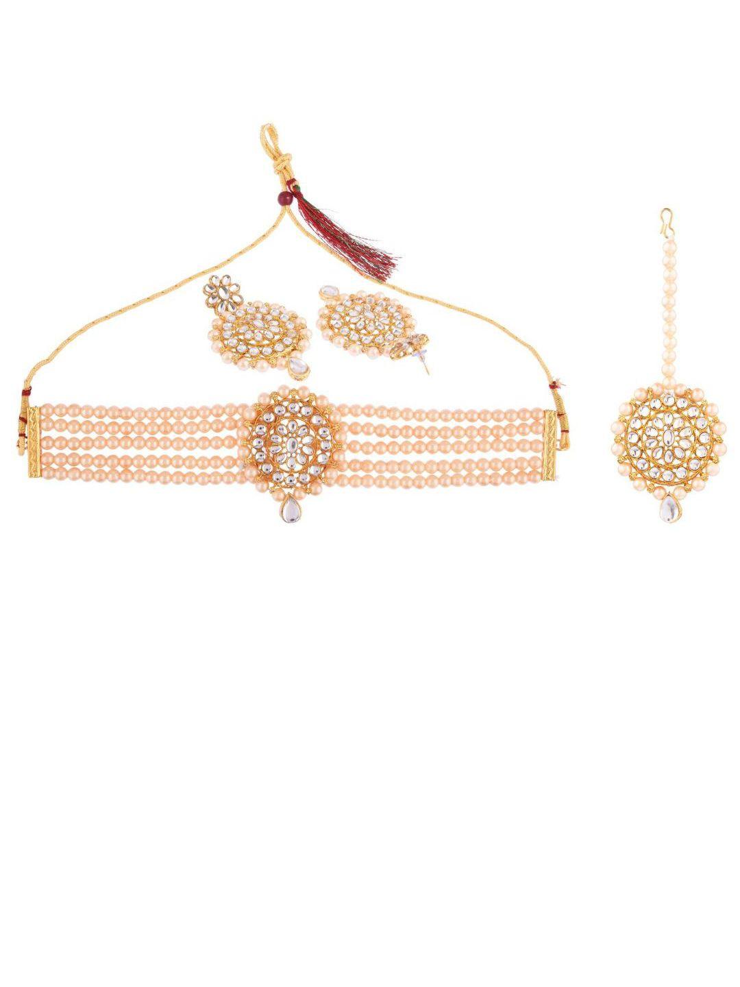 efulgenz gold-plated & peach-coloured crystals & kundan studded jewellery set