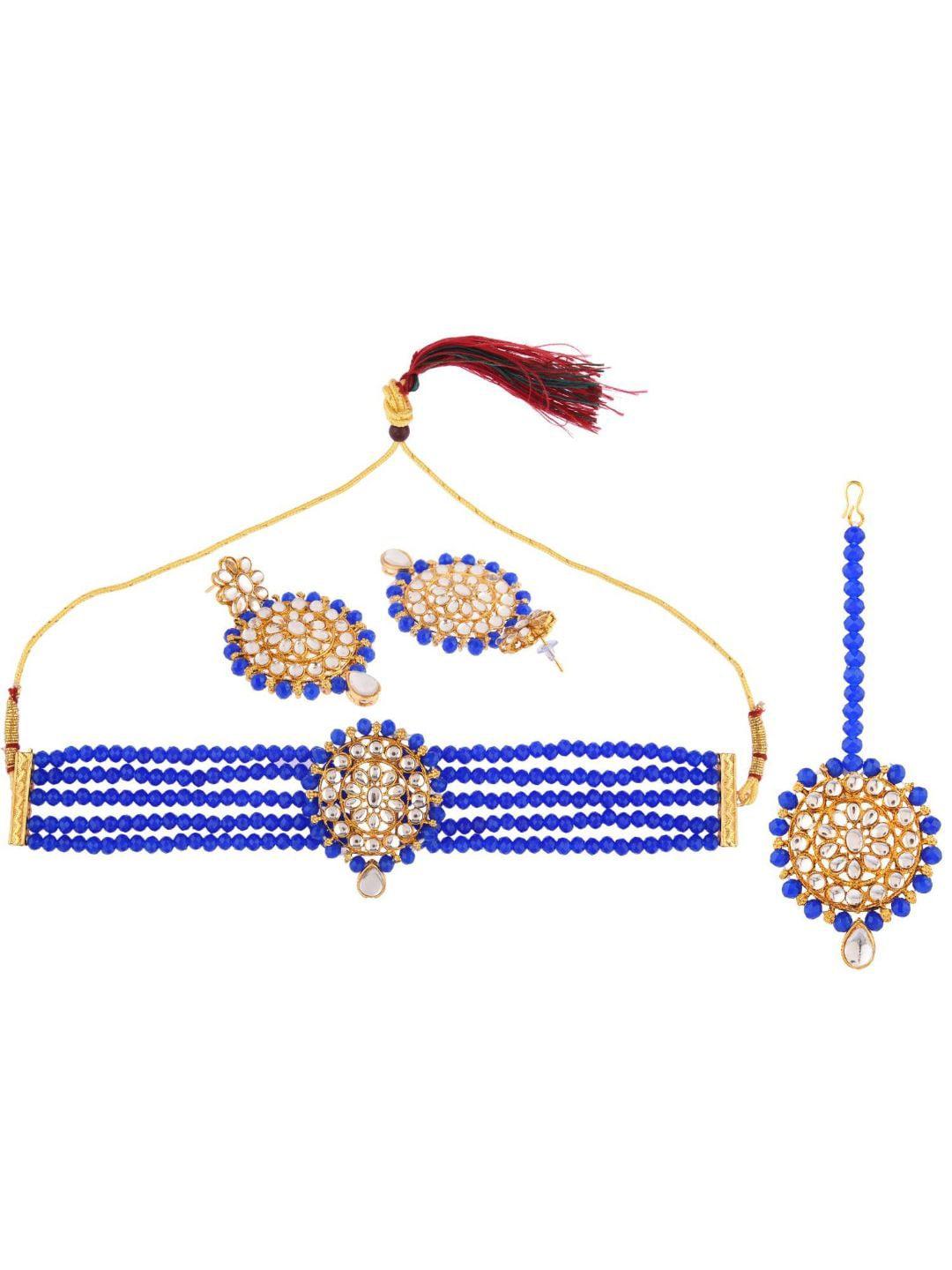 efulgenz gold-plated blue & white crystal studded pearl beaded jewellery set