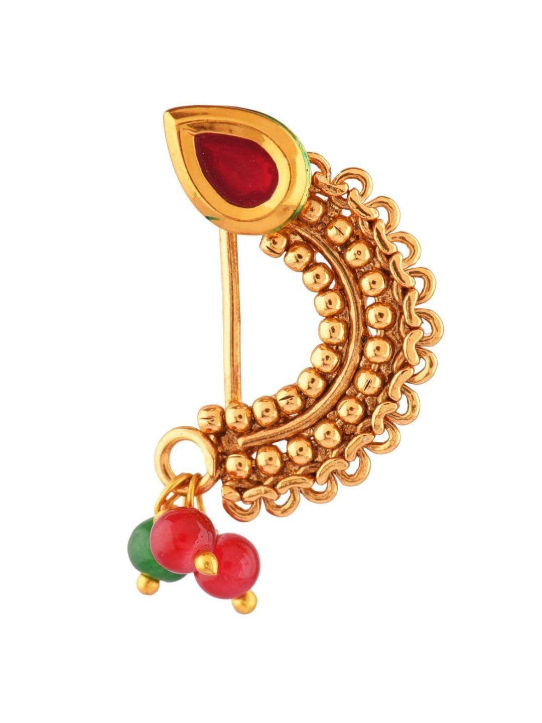 efulgenz gold-plated red kundan-studded & beaded traditional antique nosepin