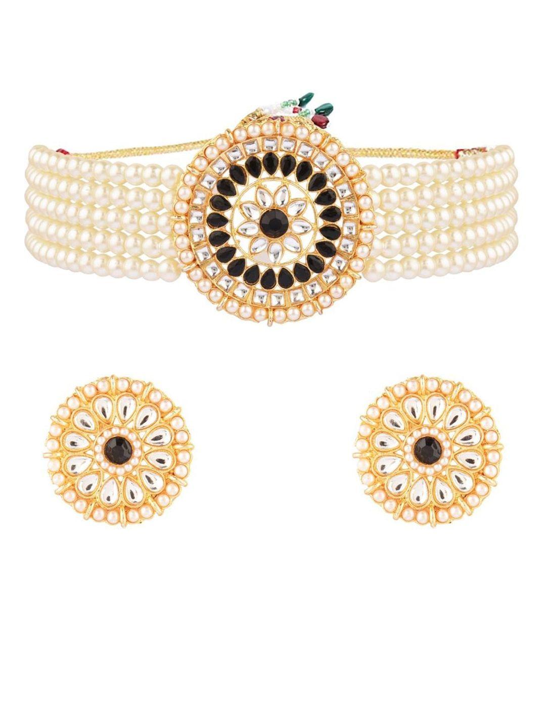 efulgenz gold-plated white & black faux pearl beaded choker jewellery set