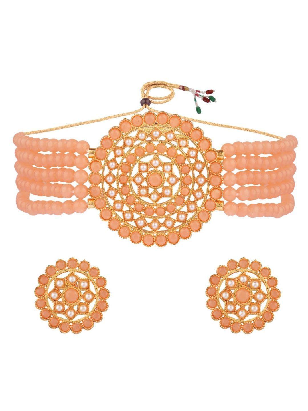 efulgenz gold-plated white & peach coloured stone studded & beaded jewellery set