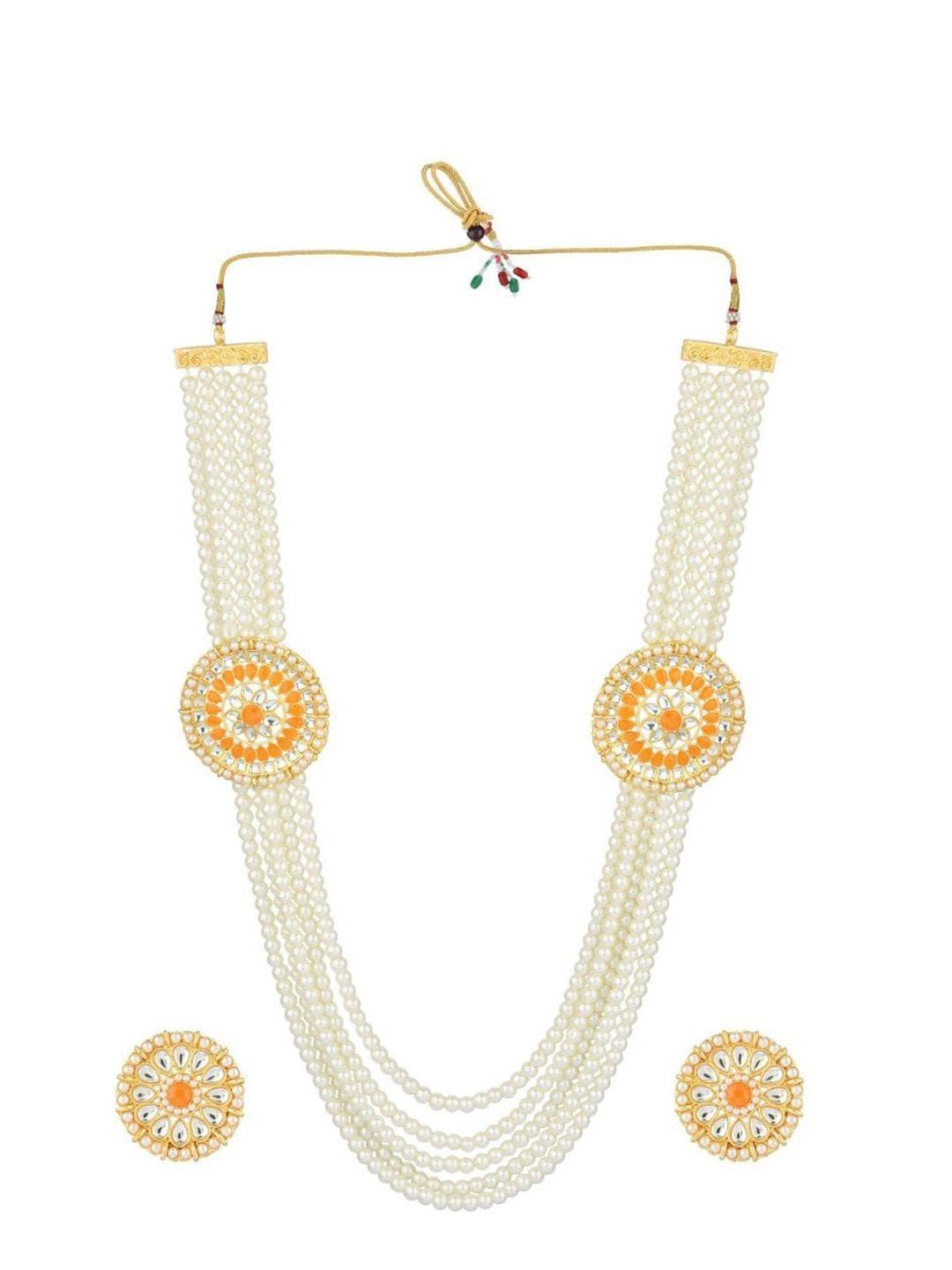 efulgenz gold-plated white stone studded & orange faux pearl beaded layered jewellery set