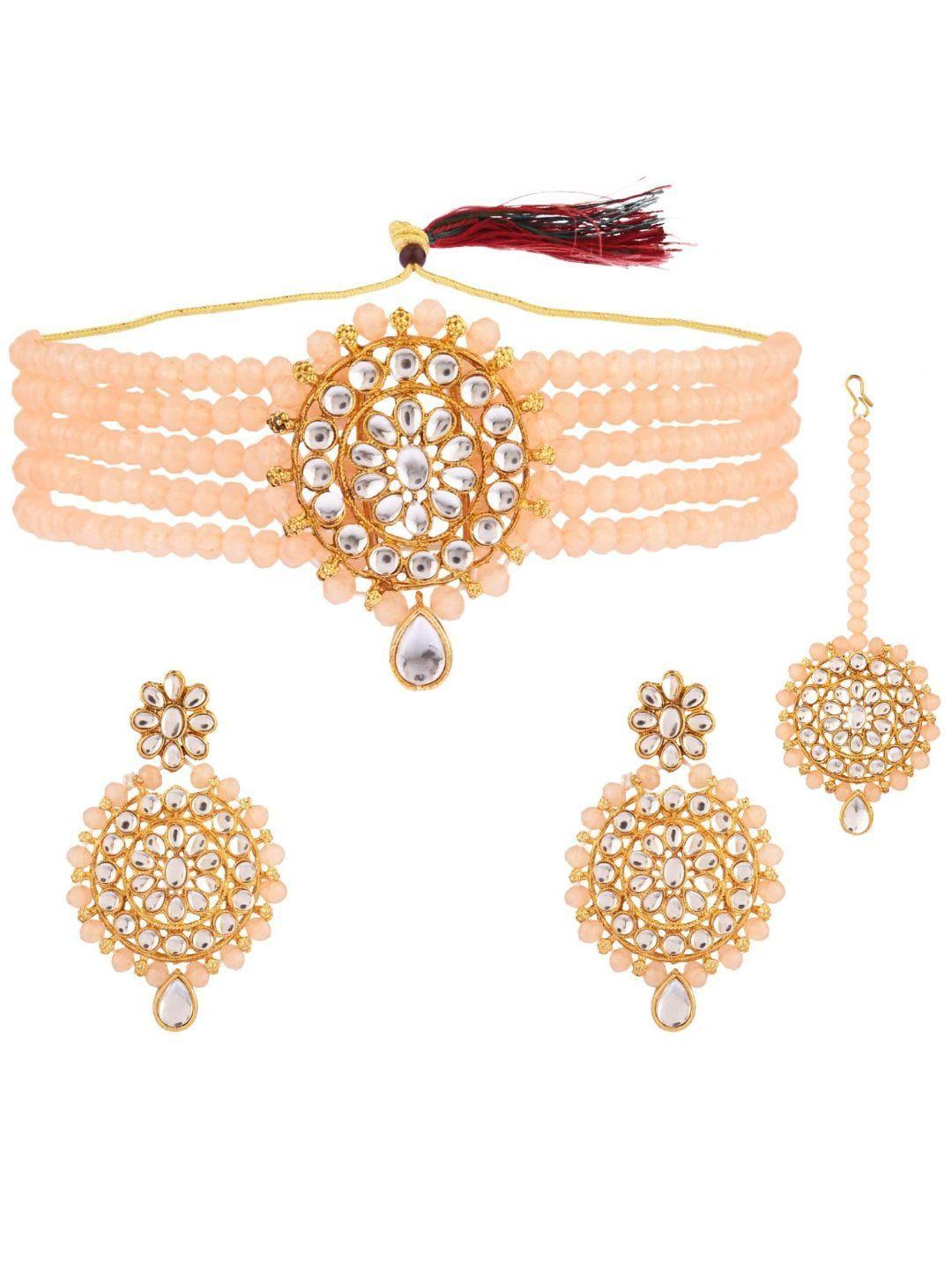 efulgenz women peach & white gold-plated crystals-studded choker jewellery set