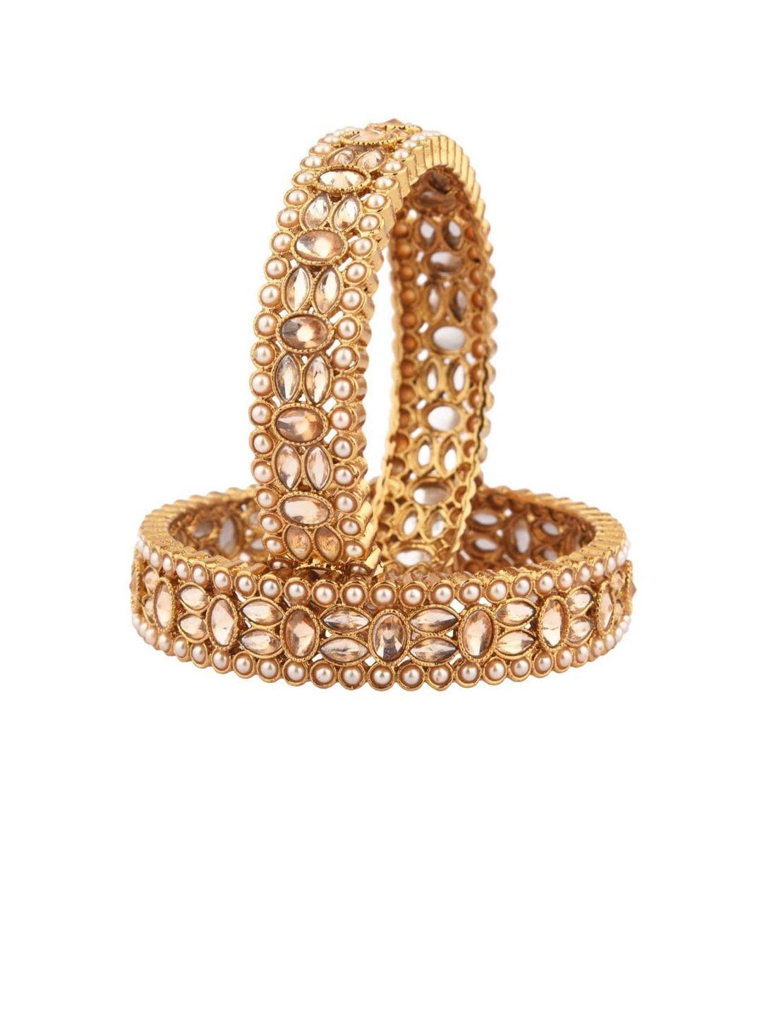 efulgenz  set of 2 gold-plated brown crystal & pearl studded bangles