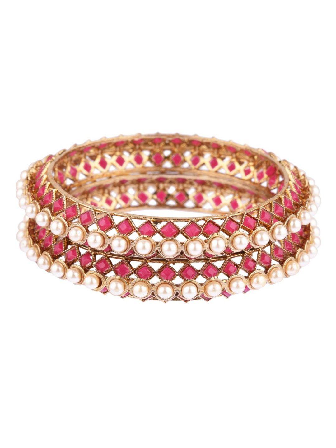 efulgenz antique designer set of 2 gold-plated pink crystal studded & pearl beaded bangle set